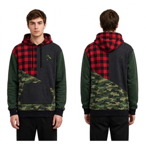 Sudadera con Capucha Unisex NEXTEX, Diseño de Bloques de Color en Rojo, Cuadros de Búfalo y Camuflaje, Sudadera de Felpa Suave de Algodón - Product Image 1