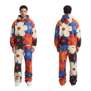 Maßgeschneidertes Blumendruck-Herren-Fleece-Trainingsanzug-Set mit Kapuzenpullover und Jogginghose, Farbenfrohe Botanische Streetwear-Kombination - Product Image 3