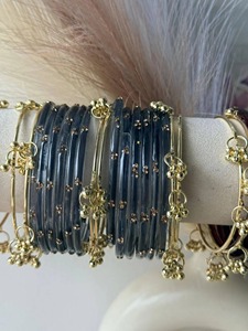 <b>Magenta</b> glass Bangles Set With Gold Plated Beads Women's Stackable Ethnic Wedding Jewelry - Product Image 5