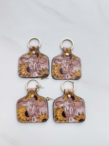 Porte-clés en cuir artisanal de haute qualité, motif tournesol, style rectangulaire, boucles d'oreilles porte-clés, vente chaude, légers - Product Image 1