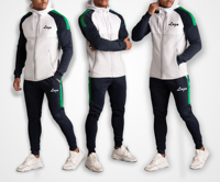 Survêtement à capuche pour homme blanc et vert marine, sweat-shirt à fermeture éclair intégrale, design sportif bicolore avec poches latérales, idéal pour l'automne