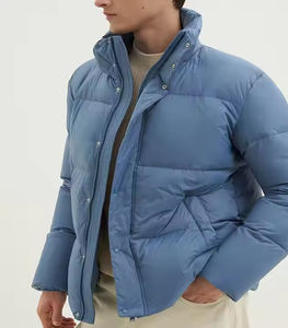 Veste d'hiver pour homme en duvet bleu, coupe-vent, fermeture éclair, col montant, coupe régulière, épaisse, 100% polyester, couleur unie - Product Image 1