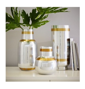 Modern Polished Silver and Gold Banded Vase Set – Trio of Luxury <b>Mirror</b>-Finish Metallic <b>Tabletop</b> Centerpieces - Product Image 2