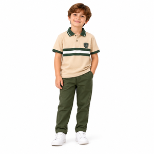 Polo pour garçons beige à rayures vertes, logo personnalisé, tissu en spandex/coton, design imprimé, manches courtes, haut décontracté d'été - Product Image 1