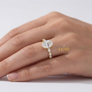 Magnifique bague de fiançailles ovale tendance pavée de diamants de laboratoire en or blanc 14 carats, bijoux pour femme pour anniversaire et mariage - Product Image 5
