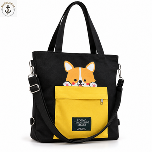 Corgi Print Canvas Diaper <b>Tote</b> <b>with</b> Yellow Front <b>Pocket</b> | Black Baby Essentials Carry <b>Bag</b> <b>with</b> Detachable Strap for Daily Travel - Product Image 1