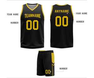 Ensemble d'uniformes de basketball personnalisés sublimés, impression de personnage, nom de l'équipe, maillot jaune et noir en mesh, short sans manches, respirant - Product Image 3