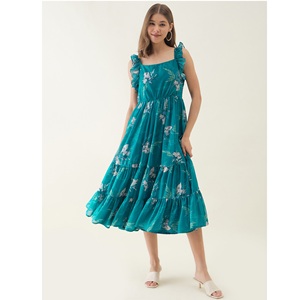 Vestido de Georgette sin Mangas con Estampado Floral Azul, Estilo Flare, para Fiestas, Salidas Nocturnas, Uso Diario, Suministros de Fábrica - Product Image 1
