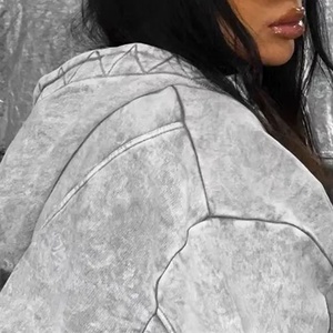 Acid Washed Custom Logo <b>Distressed</b> Zip Hoodie Women's Tracksuit Set Two Piece Cotton Eco-Friendly Short <b>Tops</b> Workout Joggers - Product Image 3