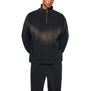 T-shirt Homme Streetwear Vintage Personnalisé Oversize Teint à la Cire Col Demi-Zip Manches Longues Effet Délavé - Product Image 1