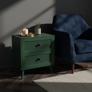 โต๊ะข้างเตียงไม้ยางพาราและไม้เอ็มดีเอฟวีเนียร์โอ๊ค 2 ลิ้นชัก ดีไซน์ทันสมัย เป็นมิตรกับสิ่งแวดล้อม พร้อมรายละเอียดตกแต่งหวาย สำหรับห้องนั่งเล่น - Product Image 5