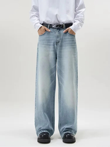 Men's Stonewashed <b>Denim</b> Wide Leg Pants Elastic Waist Casual Style Cotton <b>Material</b> Midweight Autumn Fashion - Product Image 4