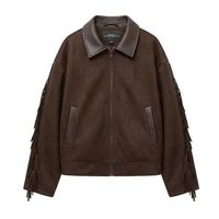 Veste en cuir PU marron vieilli personnalisée pour femme, style rétro, col pointu, fermeture éclair sur le devant, streetwear héritage