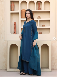 Salwar Kameez en coton bleu pour femmes, coupe classique, vêtements décontractés, style Inde Pakistan, évacuation de l'humidité, séchage rapide, toutes saisons - Product Image 2