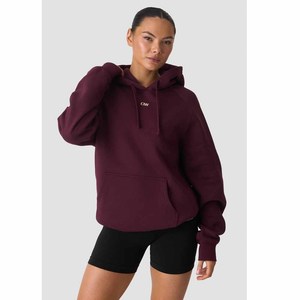 Women's Oversized <b>Burgundy</b> Hooded Fleece Sweatshirt With Front Logo And Pockets Regular Fit Full Sleeve Autumn Wear - Product Image 1
