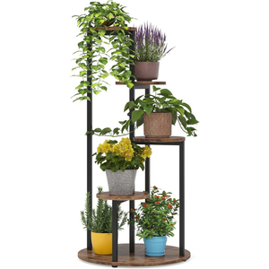 Support à plantes à 3 niveaux en métal et bois, support à fleurs rond moderne à plusieurs niveaux pour salon intérieur et balcon extérieur - Product Image 3