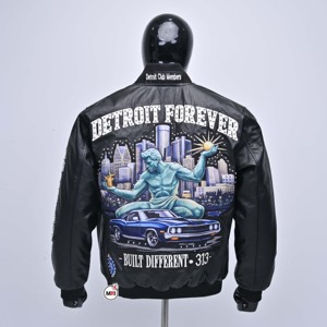 เสื้อแจ็คเก็ตบอมเบอร์หนังแท้สำหรับผู้ชาย ปักลายดอกกุหลาบ โลโก้ Detroit Roots ซิปหน้า สไตล์มอเตอร์ไซค์ เหมาะสำหรับใส่ในฤดูใบไม้ร่วง ออกแบบโลโก้ได้ตามต้องการ - Product Image 2