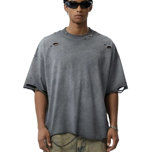 New Front Acid Washed 100% Cotton T-shirt Ripped Hole Metal <b>Ring</b> Accent Design Neck Regular Fit Breathable Quick Dry Men - Product Image 1