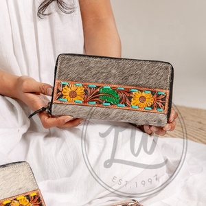 LW Western Style Hair On Hide Colour Tooled Fur Leather Clutch Women Designed Purse Hot Selling Tooled Leather Unique Wallet - Product Image 2