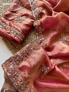 Ocassional wear Space Silk with Gold <b>Beads</b> & Cutdana Hand work Butta & Border Saree-Matching work Blouse Set Indian Exporter - Product Image 4