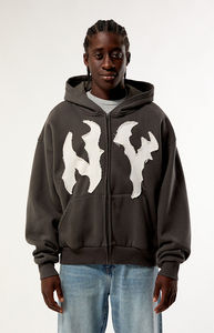 Sweat-shirt à capuche zippé pour homme, coupe classique, gris anthracite, en molleton bouclette, avec appliqué lettres blanches, style streetwear, 100% coton, séchage rapide, avec poche - Product Image 1
