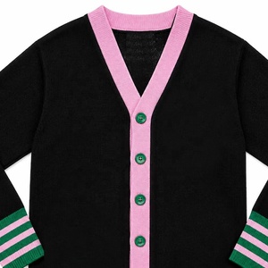 Suéter Cárdigan Personalizado para Mujeres de Hermandades Universitarias, Color Negro, Rosa y Verde, Cuello en V, Estilo Universitario, con Ribete a Rayas, OEM - Product Image 2