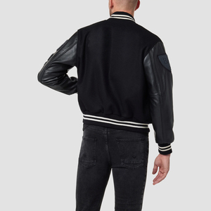 Veste varsity noire pour homme, manches en cuir PU, logo H brodé, col rabattu, style décontracté automne - Product Image 4
