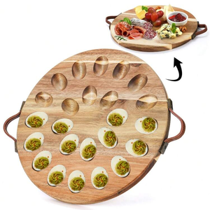 Plateau de service rond en bois pour œufs farcis, avec trous sculptés et poignées en cuir - Product Image 1