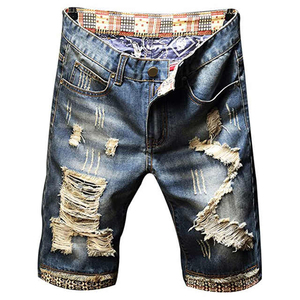 Pantalones Cortos Bermuda de Mezclilla Azul para Hombre, Cintura Media, Cierre de Botones, Estilo Casual Desgastado, 100% Algodón Tejido - Product Image 1