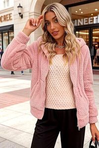 <b>Women</b> Sherpa Fleece Lined Coat Zip Up Hooded Pink <b>Teddy</b> Fleece Jacket Warm Winter Outerwear with Pockets - Product Image 4