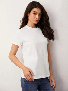 Camiseta de Algodón de Alta Calidad para Mujer, Cuello Alto, Estampado de Corazón Rojo, Informal, Ecológica, Transpirable, Corte Regular, Colores Personalizados - Product Image 5