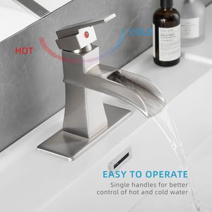 Grifo de lavabo monomando de 1 orificio con cascada, con desagüe de botón, mangueras de suministro, grifo para fregadero y placa de encimera para baño - Product Image 1