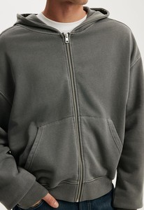 Sweat-shirt unisexe gris à capuche zippé, coupe ample, couleur unie, décontracté, pour l'hiver, en molleton 100 % coton, tissu tricoté anti-boulochage - Product Image 4
