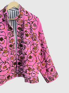 Veste en polaire rose brodée, col mandarin, manches longues, grande taille, motif floral, broderie à la main, vêtements d'automne pour femmes - Product Image 5