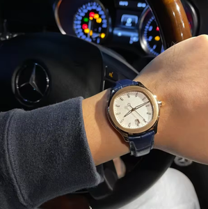 Montre mécanique ronde en or rose, bracelet en cuir véritable rayé, pour homme et femme, idéale pour le bureau et la vie quotidienne, choix cadeau 2026, style business et mode. - Product Image 2