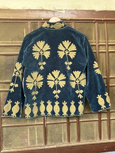 Premium Blue <b>Velvet</b> Embroidered Suzani <b>Jacket</b> With Floral Golden Threadwork Boho Full Sleeve Stand Collar Women's Winter Coat - Product Image 3