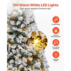 Albero di Natale Artificiale Innevato Preilluminato da 120 cm con 120 Luci LED Bianco Caldo, 8 Modalità di Illuminazione, Decorazioni Natalizie Complete - Product Image 4