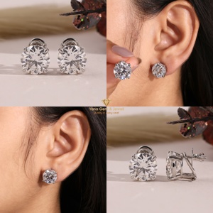 Boucles d'oreilles solitaires à quatre griffes, taille ronde, 10 TCW, diamant de laboratoire CVD, couleur F, clarté VVS2, or massif 14K, certifié IGI - Product Image 5