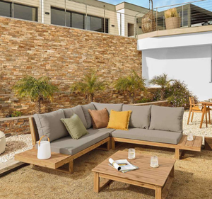 Conjunto de Sofá Moderno en Forma de L de Madera de Teca para Jardín, Sala de Estar al Aire Libre, Mesa de Centro, Cojines, Villa, Resort, Patio, Terraza, Lujo - Product Image 6