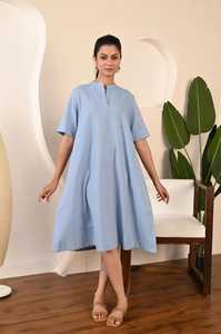 Robe midi en coton pour femmes, coupe évasée, bleu uni, manches courtes, décontractée, ample, robe d'été - Product Image 6