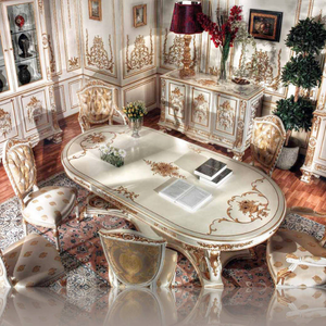 Ensemble de meubles de salle à manger de style turc classique de luxe, écologique, durable, antique, en acajou massif, buffet ovale blanc et or - Product Image 2
