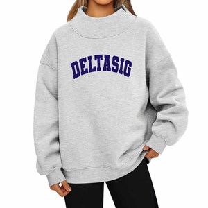 Women Custom College Sweatshirt <b>Mock</b> <b>Neck</b> Chenille Delta / Sigma Embroidered Greek Letters Oversized Cotton Fleece - Product Image 1