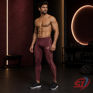 Leggings de compression personnalisés pour hommes, imprimé topographique, longueur intégrale, pour la course et l'entraînement en salle de sport, OEM ODM, bordeaux, Apex Terrain - Product Image 6