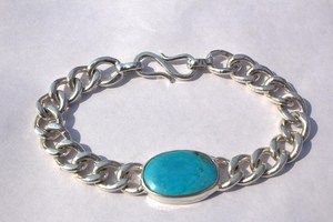 Classic 925 Silver Chain <b>Bracelet</b> With Turquoise Stone Bezel Set Unisex Everyday Wear - Product Image 2