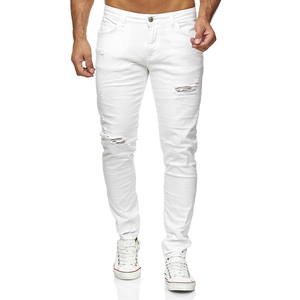 Fashion Wear <b>White</b> Color Lightweight High Waist Breathable 100% Cotton Casual <b>Men's</b> Regular Fit Jeans <b>Pants</b> - Product Image 1