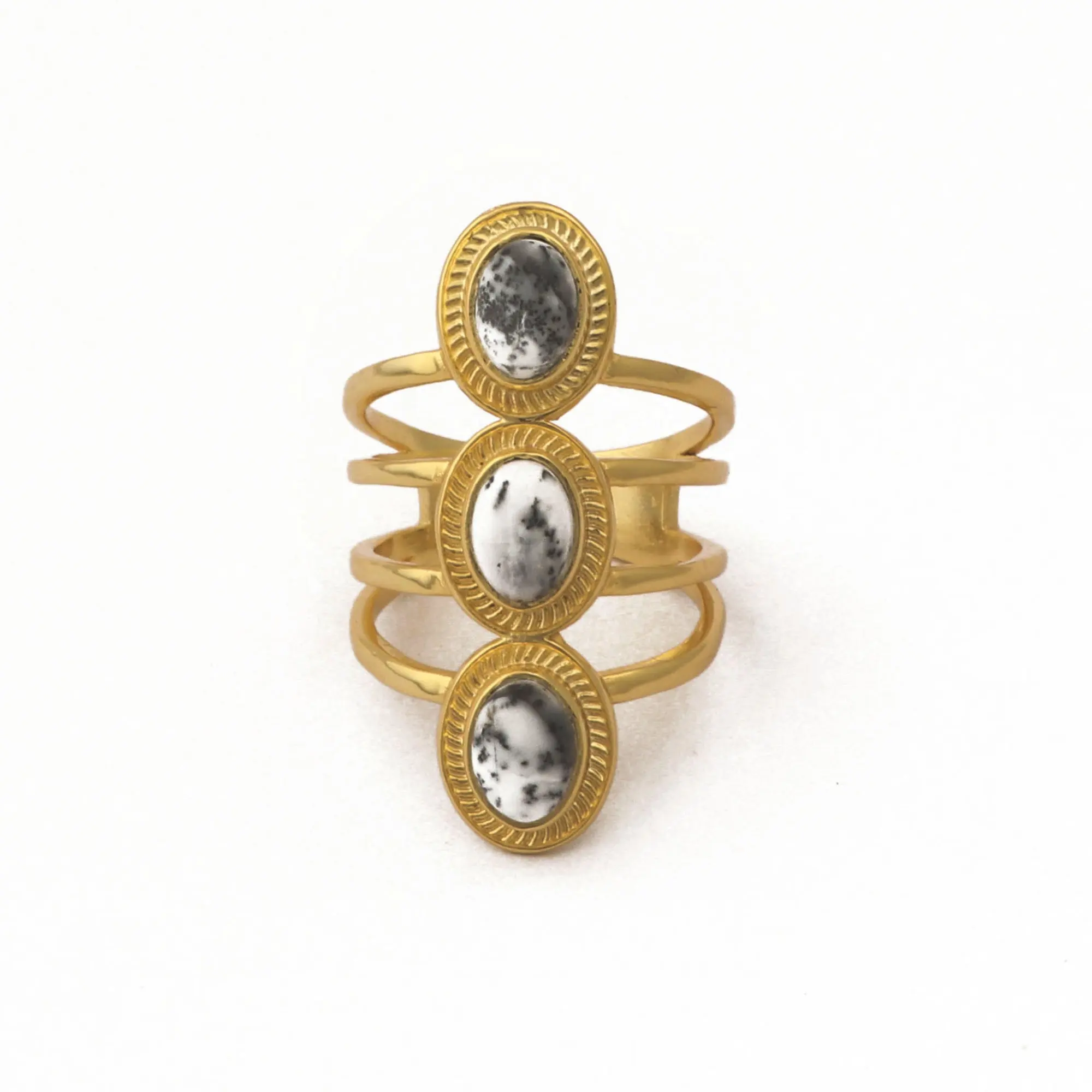Cincin sehari-hari, dendrite opal alami, cincin tiga bentuk oval, perhiasan yang bisa diatur, cincin tekstur pernyataan berlapis emas