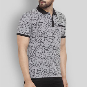 Polo en tricot à imprimé géométrique pour homme, manches courtes, décontracté, noir et gris, coupe classique, avec poche, respirant, en polyester et coton - Product Image 3