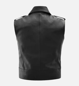 Gilet de motard en cuir véritable noir et toile, fermeture boutonnée, col rond, ceinture à boucle, respirant, style vintage automne - Product Image 5