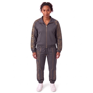 custom womens charcoal grey tracksuit set gold chain print panel <b>track</b> <b>jacket</b> elastic pants 2 piece outdoor athletic sweat suits - Product Image 1