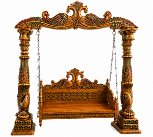Columpio de madera estilo Rajwadi para decoración del hogar, con diseño de pavo real tallado en madera de teca tradicional, columpio de 3 plazas para área de vestíbulo, EE. UU. - Product Image 2